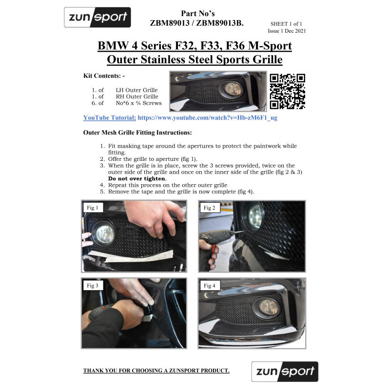 Zunsport BMW Serie 4 F32, F33, F36 M-Sport - Conjunto de parrillas delanteras