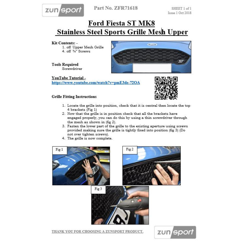 Zunsport Ford Fiesta ST MK8 - Front Grille Set