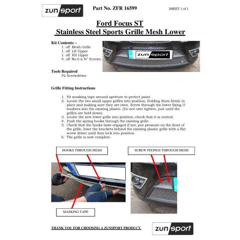 Zunsport Ford Focus ST MK2 pré-lifting - Ensemble de calandre inférieure