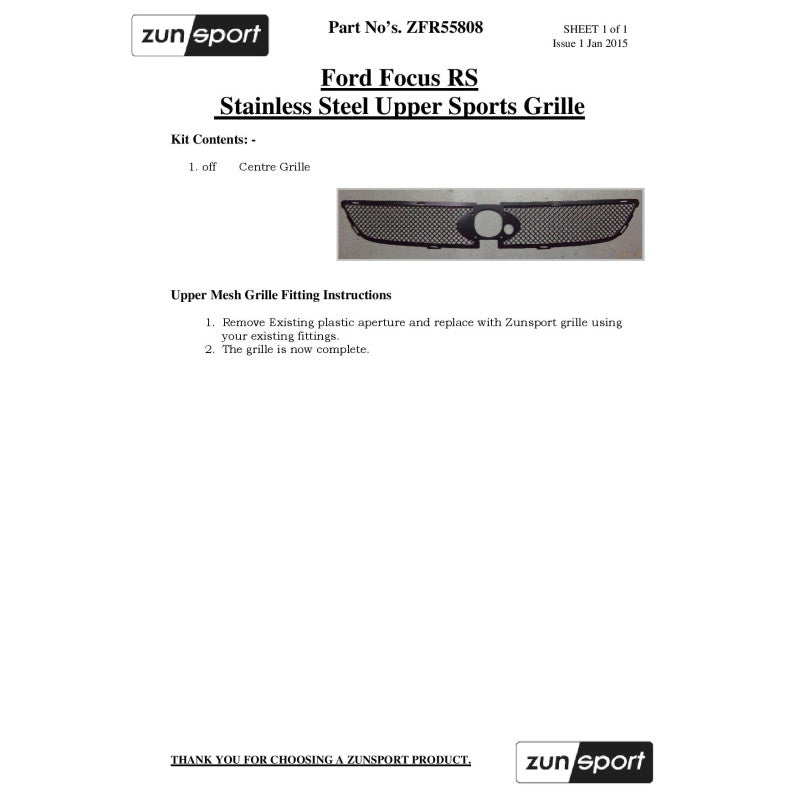 Zunsport Ford Focus MK2 RS - Upper Grille (With Locking Mechanism)