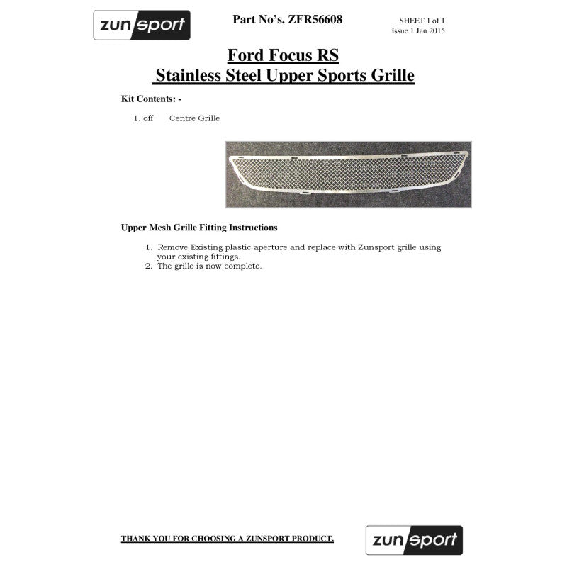 Zunsport Ford Focus MK2 RS - Upper Grille (Without Locking Mechanism)
