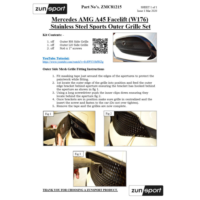 Zunsport Mercedes AMG A45 Facelift (W176) - Conjunto de parrilla delantera
