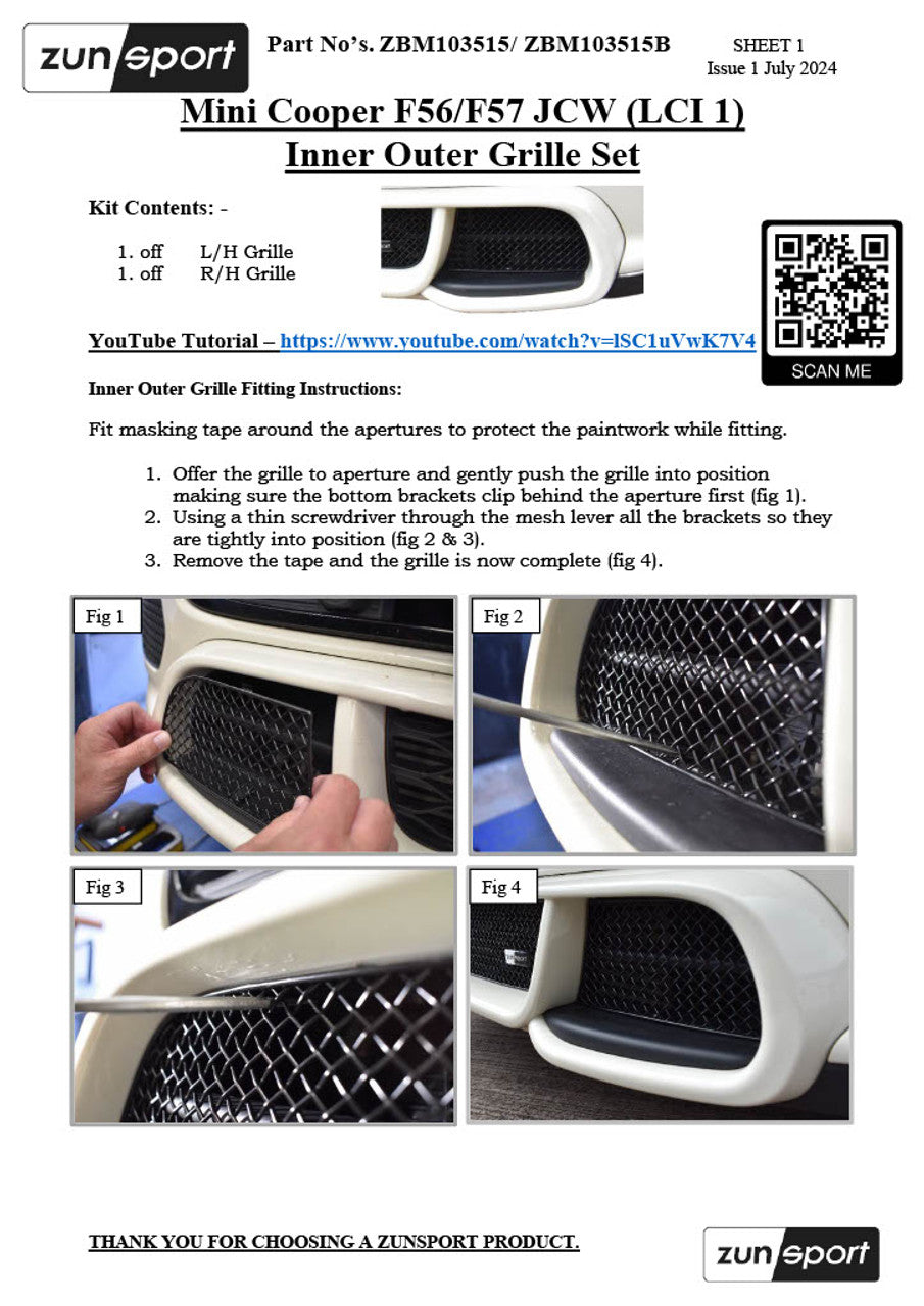 Zunsport Mini Cooper S F56 JCW (LCI 1) - Inner Outer Grille Set