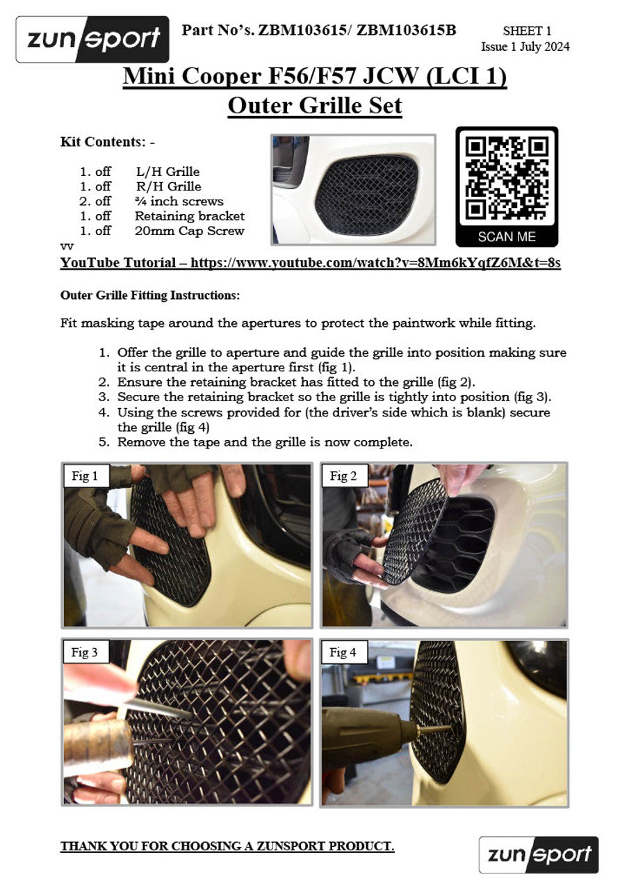 Zunsport Mini Cooper S F56 JCW (LCI 1) - Outer Grille Set