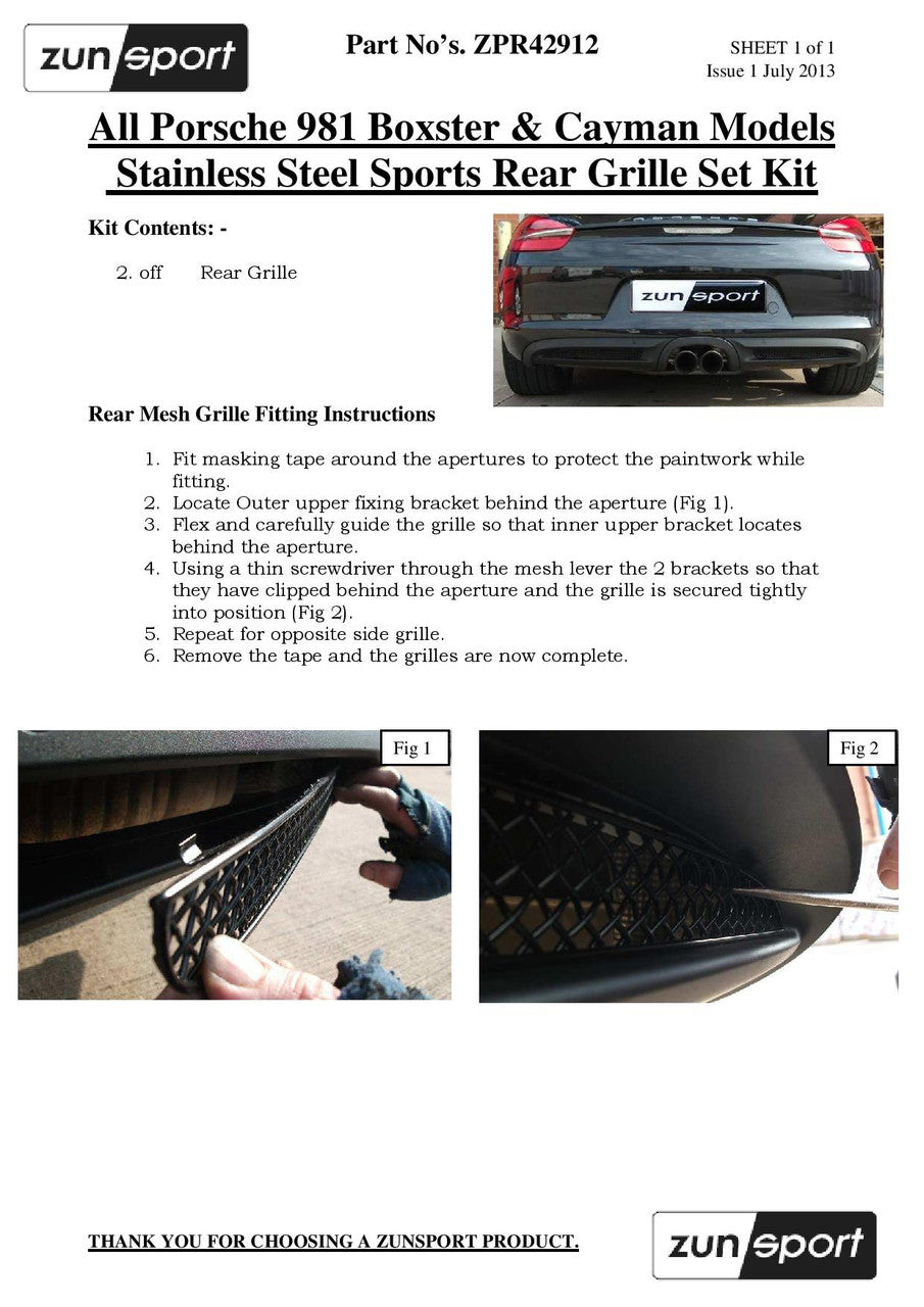 Zunsport Porsche 981 Boxster/Cayman S - Rear Grille Set