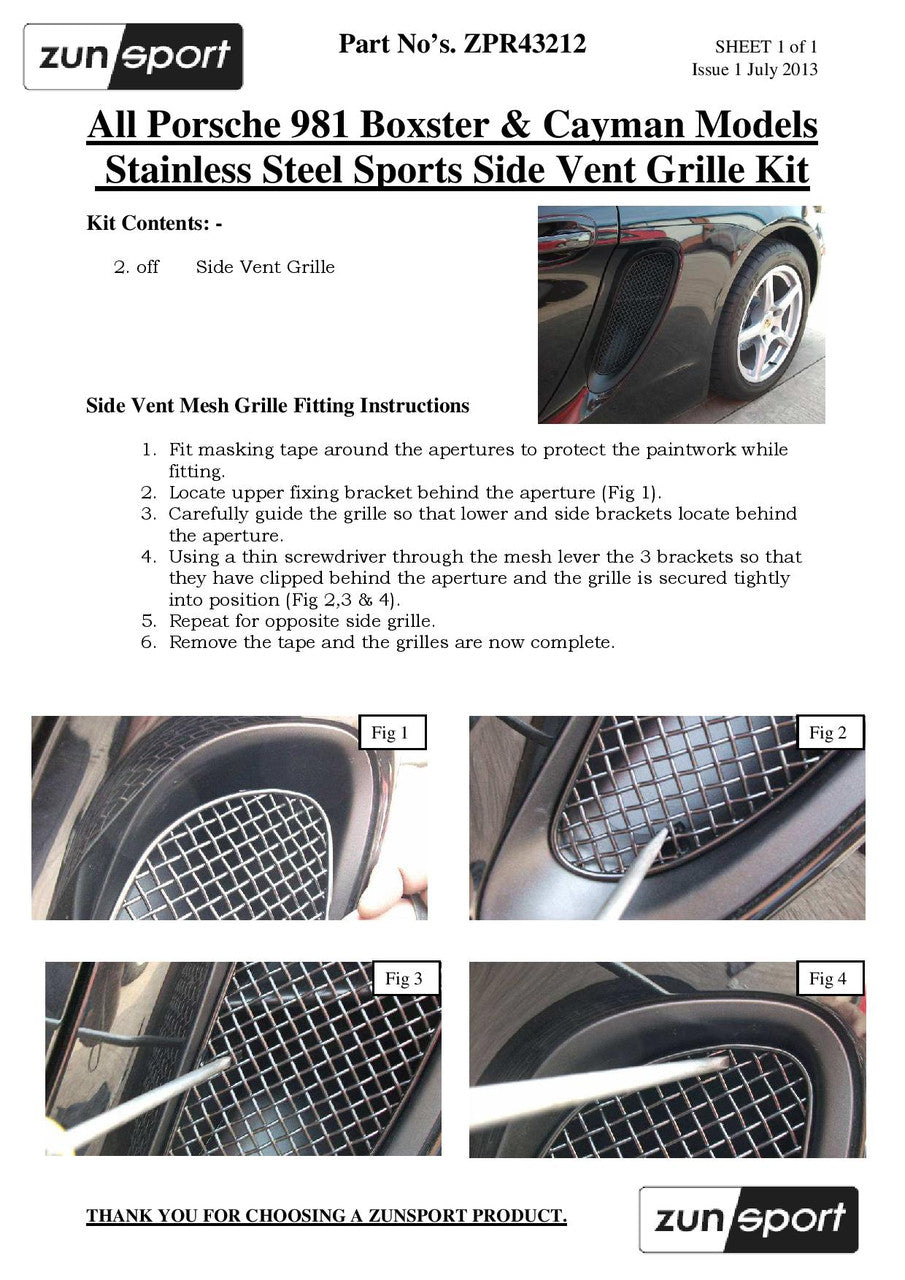 Zunsport Porsche 981 Boxster/Cayman S/GTS - Side Vent Grille Set