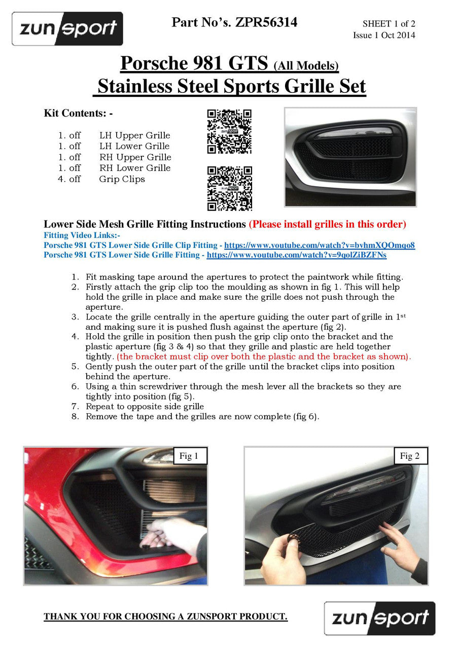Zunsport Porsche Cayman/Boxster 981 GTS - Conjunto de parrillas exteriores