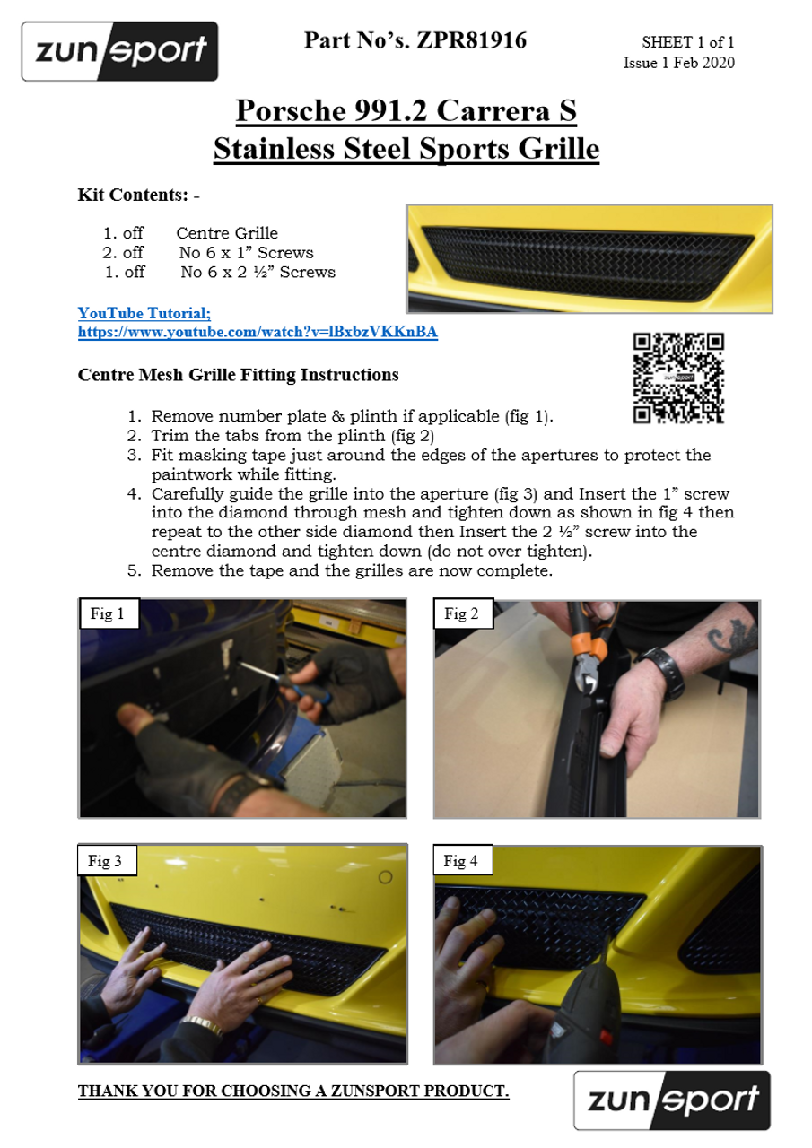 Zunsport Porsche Carrera 991.2 S - Front Centre Grille