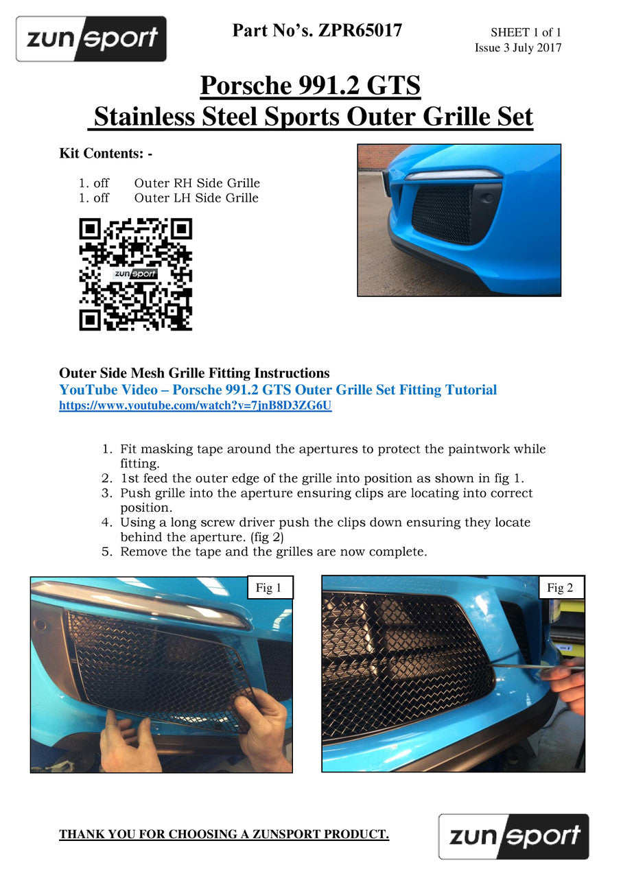 Zunsport Porsche Carrera 991.2 GTS - Outer Grille Set