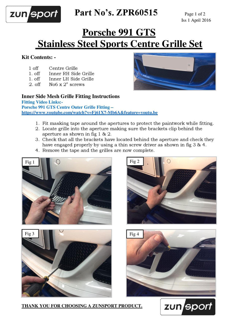 Zunsport Porsche Carrera 991.1 GTS - Front Centre Grille Set