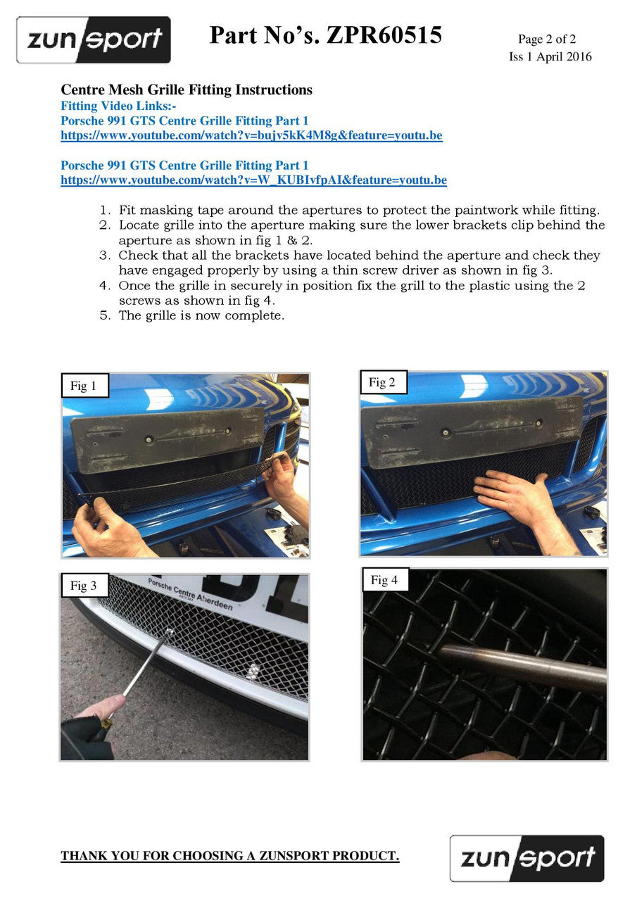 Zunsport Porsche Carrera 991.1 GTS - Front Centre Grille Set