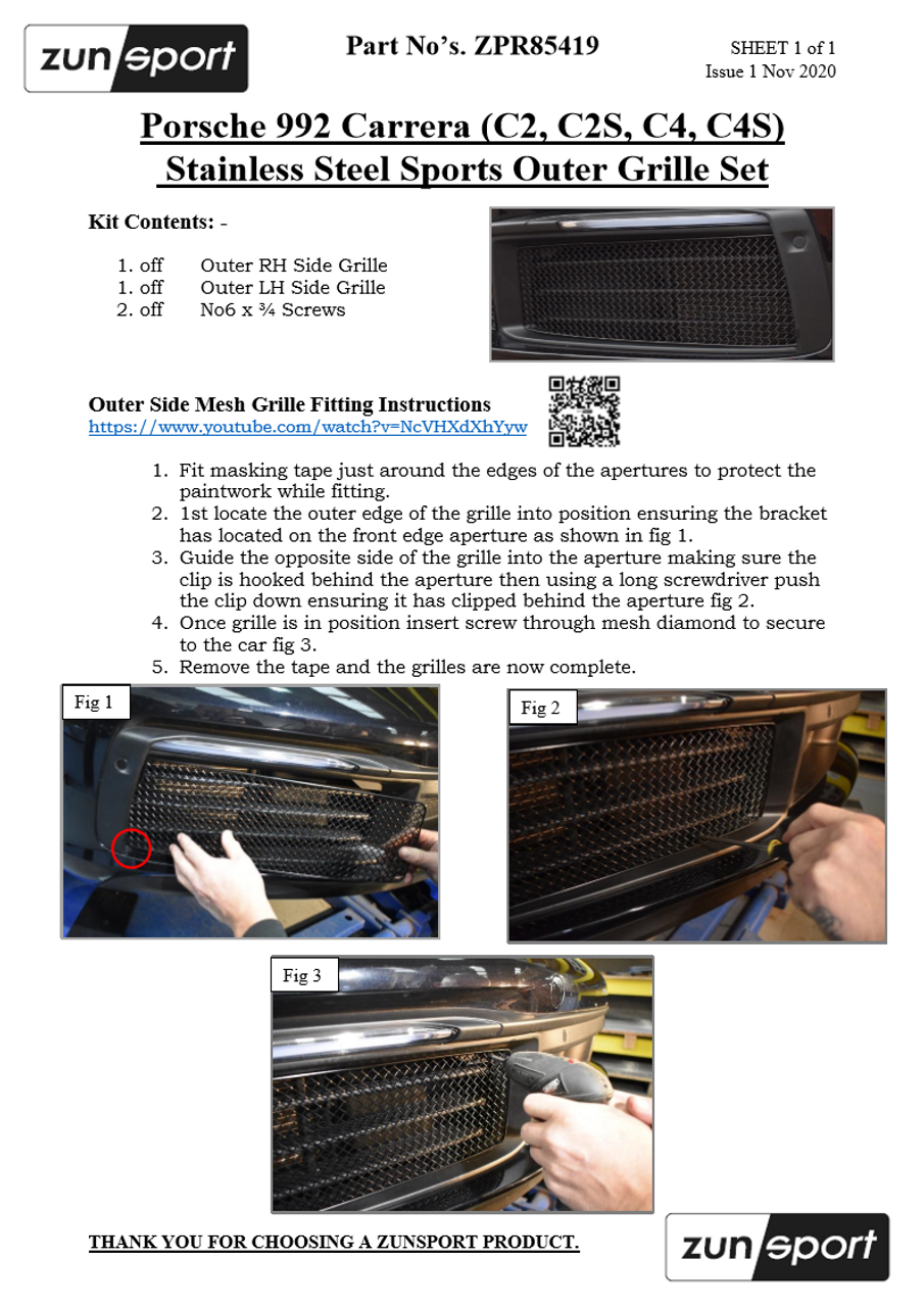 Zunsport Porsche Carrera 992.1 S - Conjunto de parrilla exterior delantera