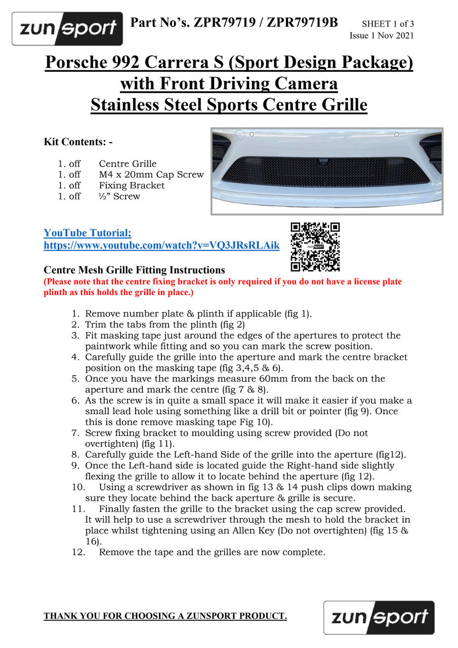 Zunsport Porsche Carrera 992.1 GTS - Front Centre Grille