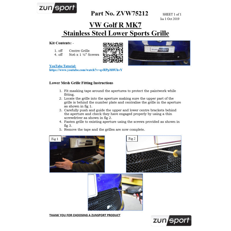 Zunsport VW Golf R MK7 - Ensemble de calandre avant